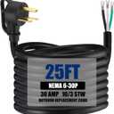 Kanayu 25 FT 10AWG 3 Prong Replacement Power Cord Compatible with NEMA 6-30p 30 Amp 250v Welder Extension Cable with Open End for Welder Dryer Garage Heater Generator Ev Chargers, Etl Listed
