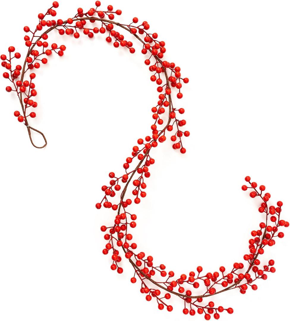 6ft Christmas Red Berry Garland Wreath - Bendable Artificial Deep Red Berry Garland for Indoor/Outdoor Decor for Winter, Christmas, New Year, Fall & Halloween Decorations