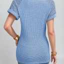 Women's Waffle Knit Tops Going Out Short Sleeve T Shirts Trendy Summer Tunic Casual Hollow Out Crochet Blouses (Blue, M)