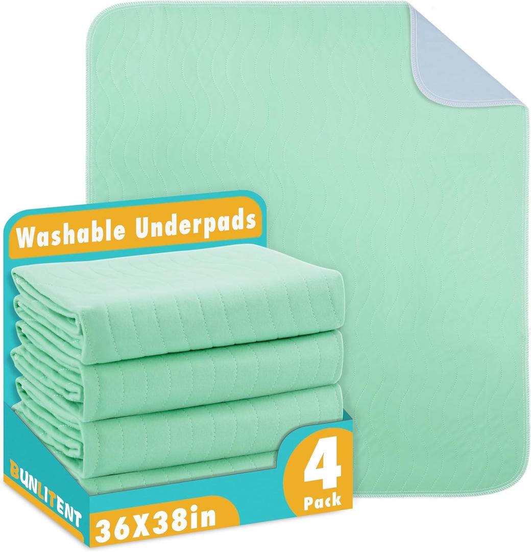 Bunlitent Washable Underpads, 36" x 38", 4 Pack, Green, Heavy Absorbency Reusable Bedwetting Incontinence Pads for Kids, Adults, Elderly, and Pets