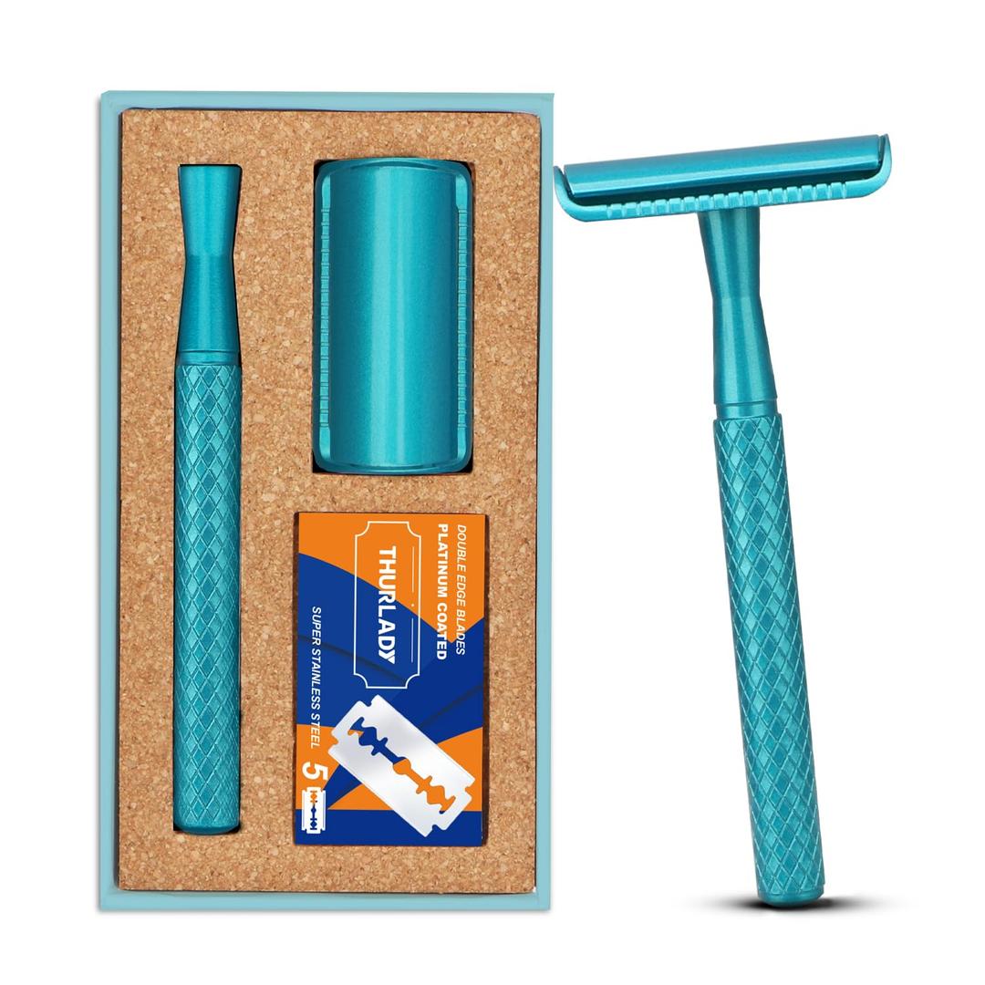 Teal Blue Safety Razor - Single Blade Razors for Women - Reusable Metal Razor, with 5 Stainless Steel Double Edge Blades, Smooth Close Shave, Sustainable, Plastic Free