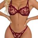 Lilosy Sexy Underwire Cute Push Up Strappy Embroidered Mesh Sheer Lingerie Set See Through Panty Bra (Large)