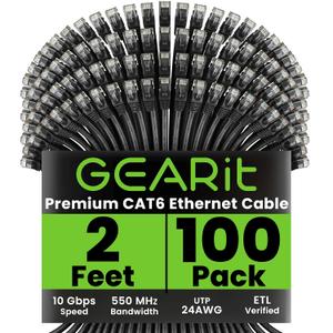 GEARit Cat 6 Ethernet Cable (100-Pack 2 Feet) Cat6 Network Patch, 10Gbps, RJ45, Snagless Cord, Gold-Plated Connectors, Internet for PC, TV, Tablet, Router, Printer, Servers, IT Data Center - Black