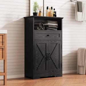 Floor Cabinet, Farmhouse Storage Cabinet with Barn Doors and Drawer, 11.81" D x 23.62" W x 39.37" H Black Freestanding Adjustable Shelf Organizer for Bathroom, Kitchen, Living Room