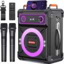 BIGASUO Wooden Karaoke Machine with 2 UHF Wireless Microphones, Portable Bluetooth Speaker with Treble/Alto/Bass Adjustment, Flashing LED Lights, Remote Control, TF Card/USB/AUX in, TWS for Party