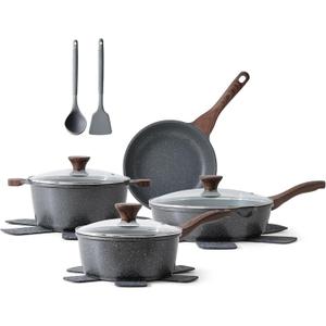 SENSARTE Nonstick Cookware Set 13-Piece, Non Stick Pots and Pans Set with Swiss Granite Coating, Healthy Kitchen Cooking Set, Stay-Cool Handles, PFOA Free (Gray)