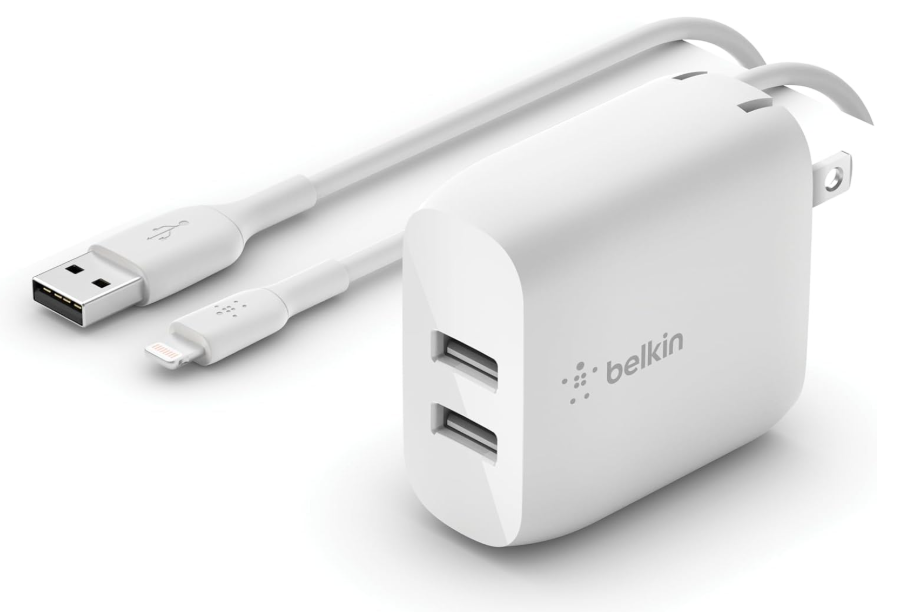Belkin 24W Dual Port USB Wall Charger - Lightning Cable Included - iPhone Charger Fast Charging - USB Charger Block for Power Bank, iPhone 14, iPhone 13, iPhone 12, iPhone 11, iPad Pro, Samsung & more
