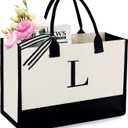BeeGreen Embroidery Monogram Initial Tote Bag for Women Teacher Mom Friend Personalized Gift for Birthday Beach Work Wedding (Natural & Black)