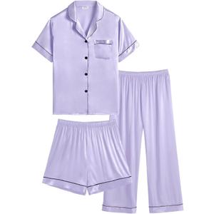 SWOMOG Kids Silk Pajamas 3 Piece Girls Boys Satin Pajamas Set Button-Down PJs Set Soft Loungewear Short Sleeve Sleepwear (14-15 Years, Lavender)