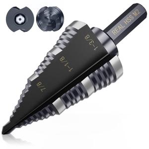 M2 Step Drill Bit, 3/16 to 1-3/8 in, Double Fluted, Cutting Drill Bit for Stainless Steel, Metal, Aluminum, Copper, Wood, PVC