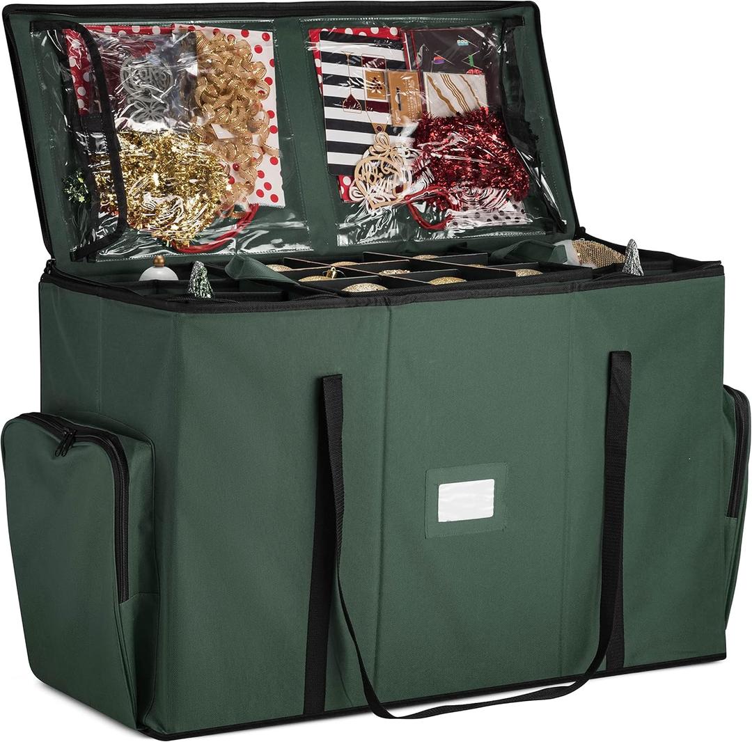 ZOBER All in One Christmas Ornament Storage Box & Decoration Container - Easy Access Removable Trays, Keeps 73 Ornaments - Adjustable Extent Area for Figurines and Pockets for Decoration - Green