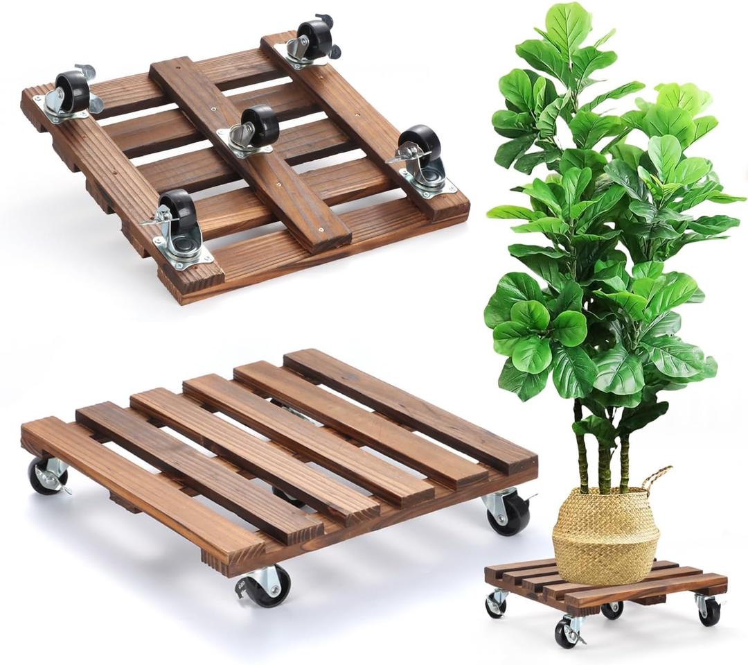 2 Pack Plant Stand with Wheels, 12" Rolling Plant Stand 264 LBS Heavy Duty Wooden Square Plant Caddy with Metal 360 Lockable Caster Wheels for Outdoor Indoor Large Plant Pots, Flower Pot, Patio