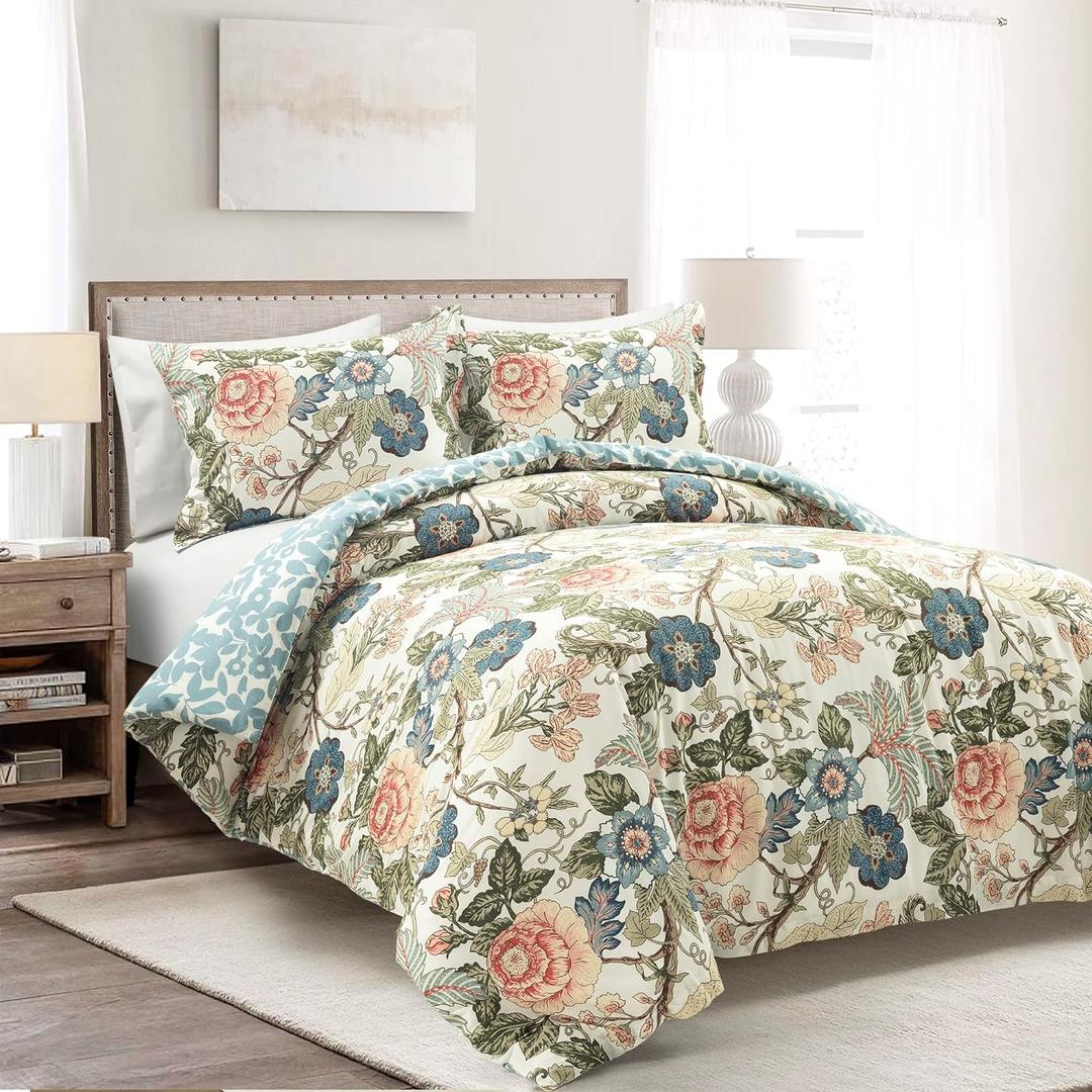 Lush Decor Sydney Reversible 100% Cotton Duvet Cover Set, 3 Piece Set, King, Green & Blue - King Bedding Set - Vintage, Cottage, Coquette Bedroom Decor