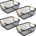 Ziliny 4 Pcs Metal Wire Basket with Wooden Handles Mesh Steel Storage Organizer Bin Containers for Home Organizing Cabinet Pantry Closet Kitchen Fridge Fruit Makeup Snacks Gifts(Small,Black)