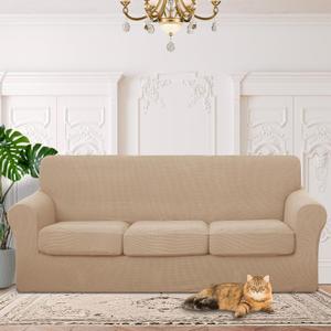 4 Pieces Stretch Couch Cover for 3 Cushion Furniture Protector Sofa Covers Washable Pet Dog Friendly Non Slip Cover with Elastic Bottom(72"-92" Sofa 3 Cushion/Camel)