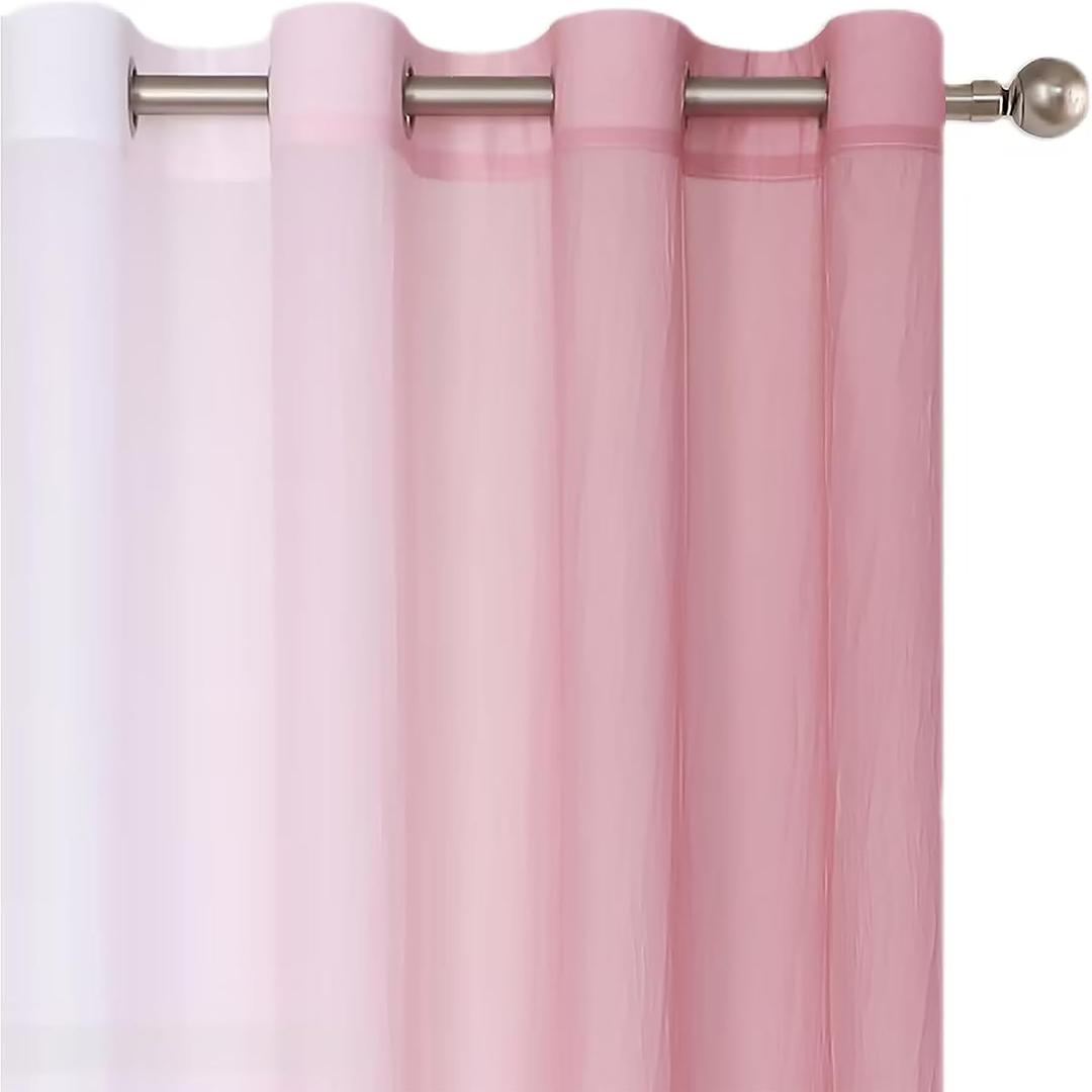 Purainbow Chiffon Sheer Ombre Curtains for Living Room, Grommet Special Crinkle Gradient Pink Semi Sheer Window Treatments Privacy with Light for Bedroom Kids Room, All Season, 52"x63"x2