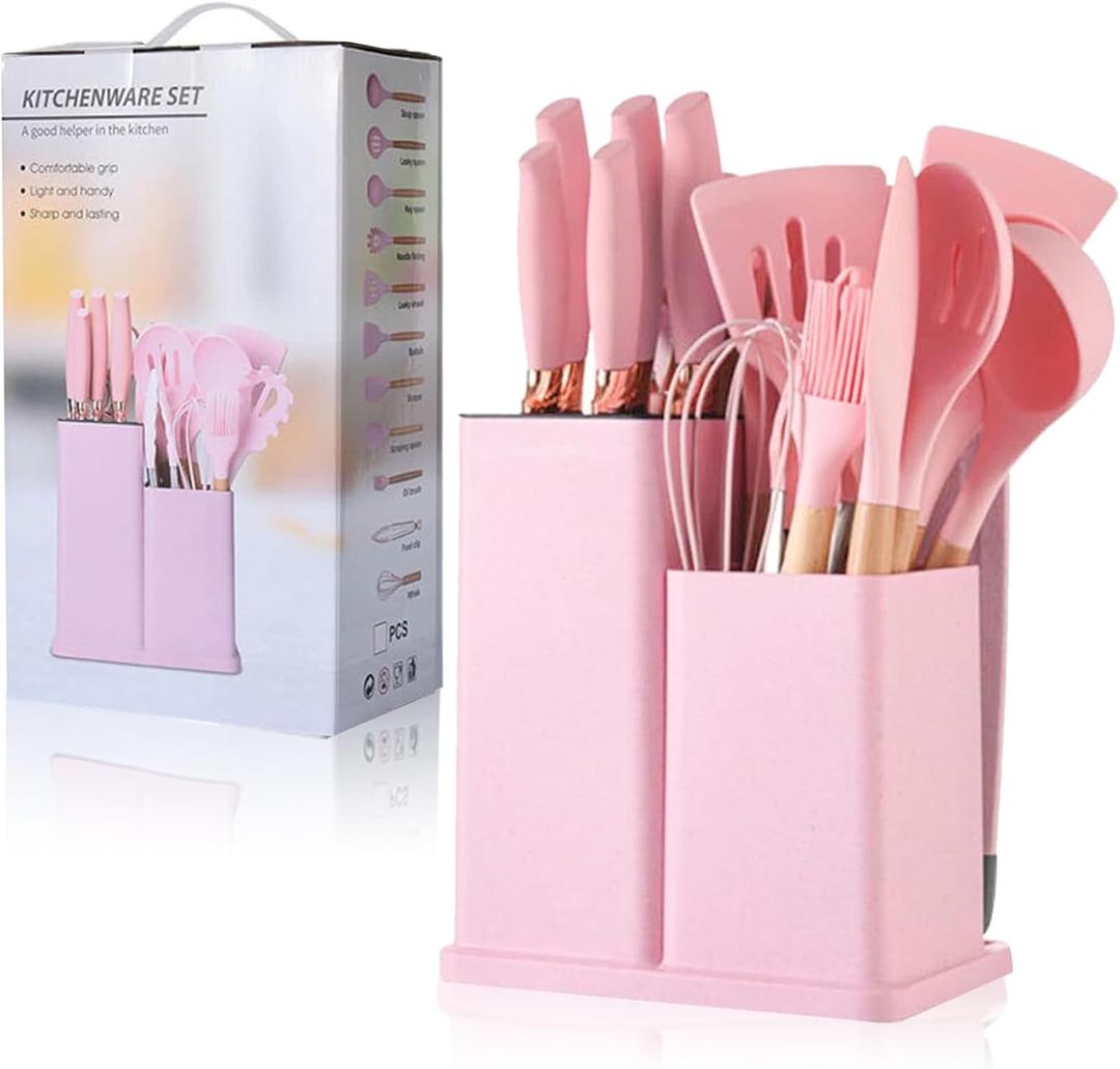 Pink Silicone Cooking Utensils, Non-stick Kitchen Set, Wooden Handle Non Toxic BPA Free