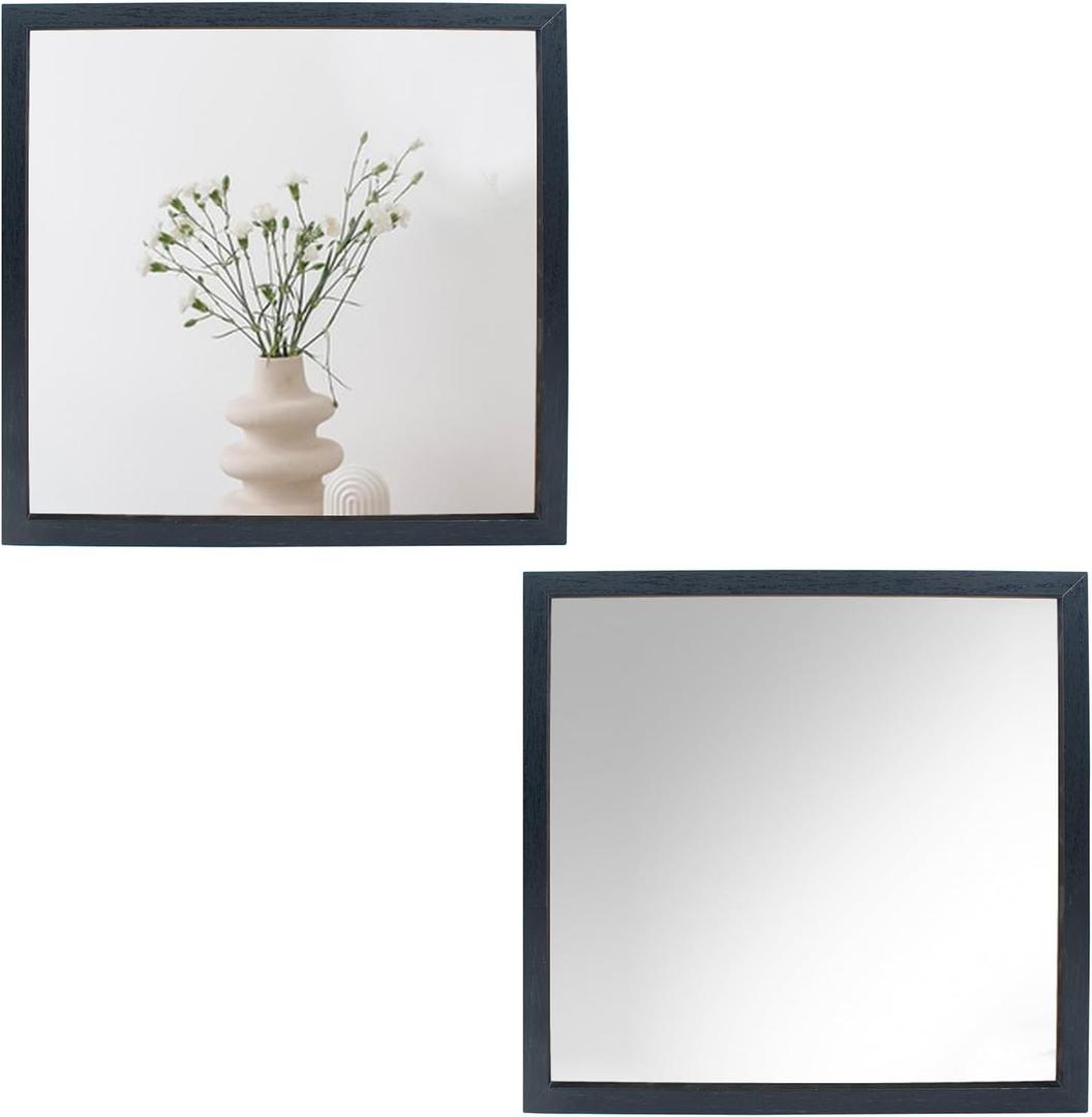 2 PCS Wooden Frame Square Decor Mirror, 12.6" x 12.6" Unbreakable Acrylic Decorative Mirror Wall Mounted, for Bathroom Entryway Bedroom Living Room Entryway Decorative