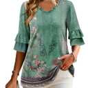 Angerella Tops for Women Trendy Fashion 3/4 Sleeve T-Shirts Cute V Neck Tunic Top Basic Business Tees Floral Blouses Green L (Green, L)
