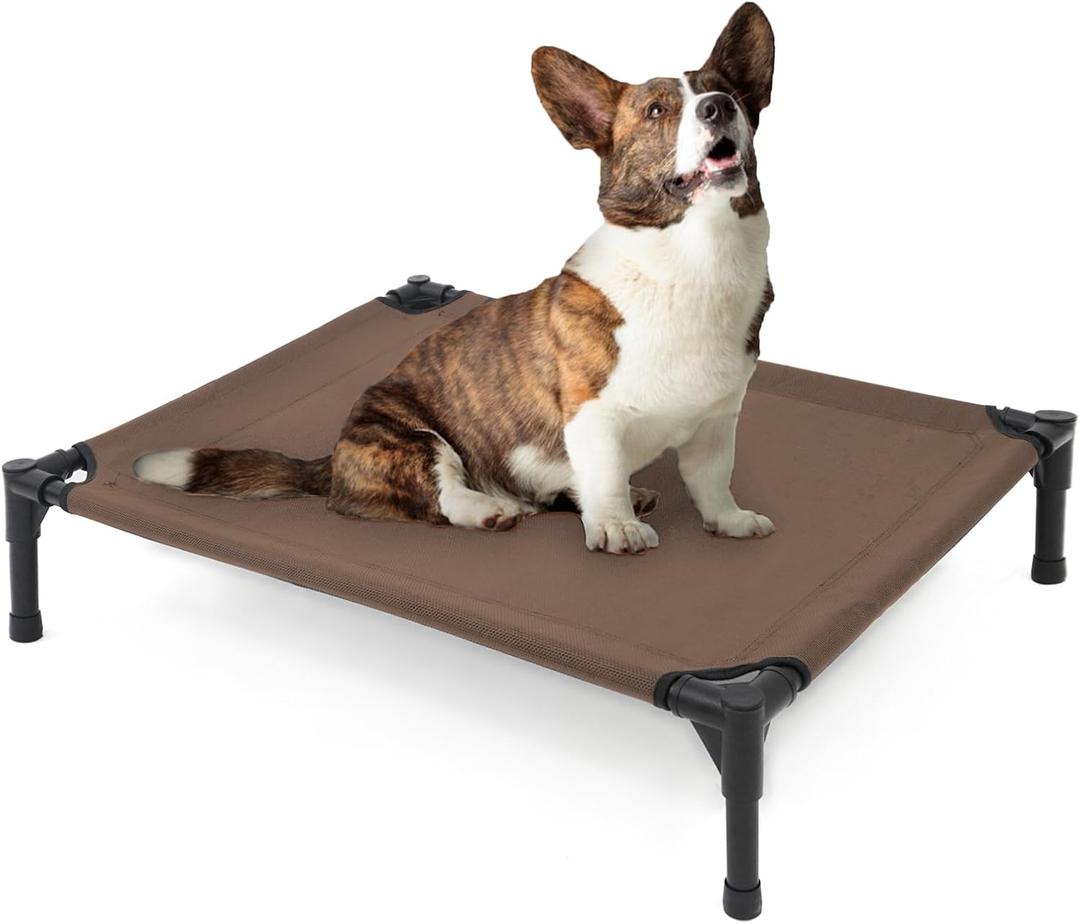 Elevated Dog Bed for Small Dogs, Raised Dog Cot Fits Up to 150 LBs, Heavy Duty Pet Cots with Durable Supportive Teslin Recyclable Washable Mesh, Indoor & Outdoor Pet Bed, Brown