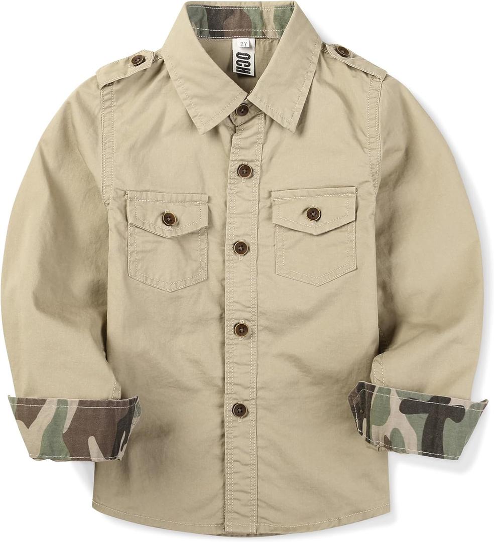 Toddler Little Boys Button Down Long Sleeve Shirt Uniform Army Scout Casual Fall Top with Pocket s Khaki 3T