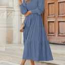 ZESICA Women's Casual Long Sleeve Crew Neck High Waist Smocked Flowy Tiered Midi Dress (Blue, M)