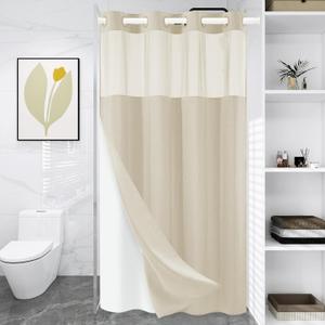 WONICY No Hook Small Shower Curtain with Snap in Liner, Polyester Textured Shower Curtain with Liner Set, Waterproof Washable Short Shower Curtains for Bathroom, 36Wx74H, Cream