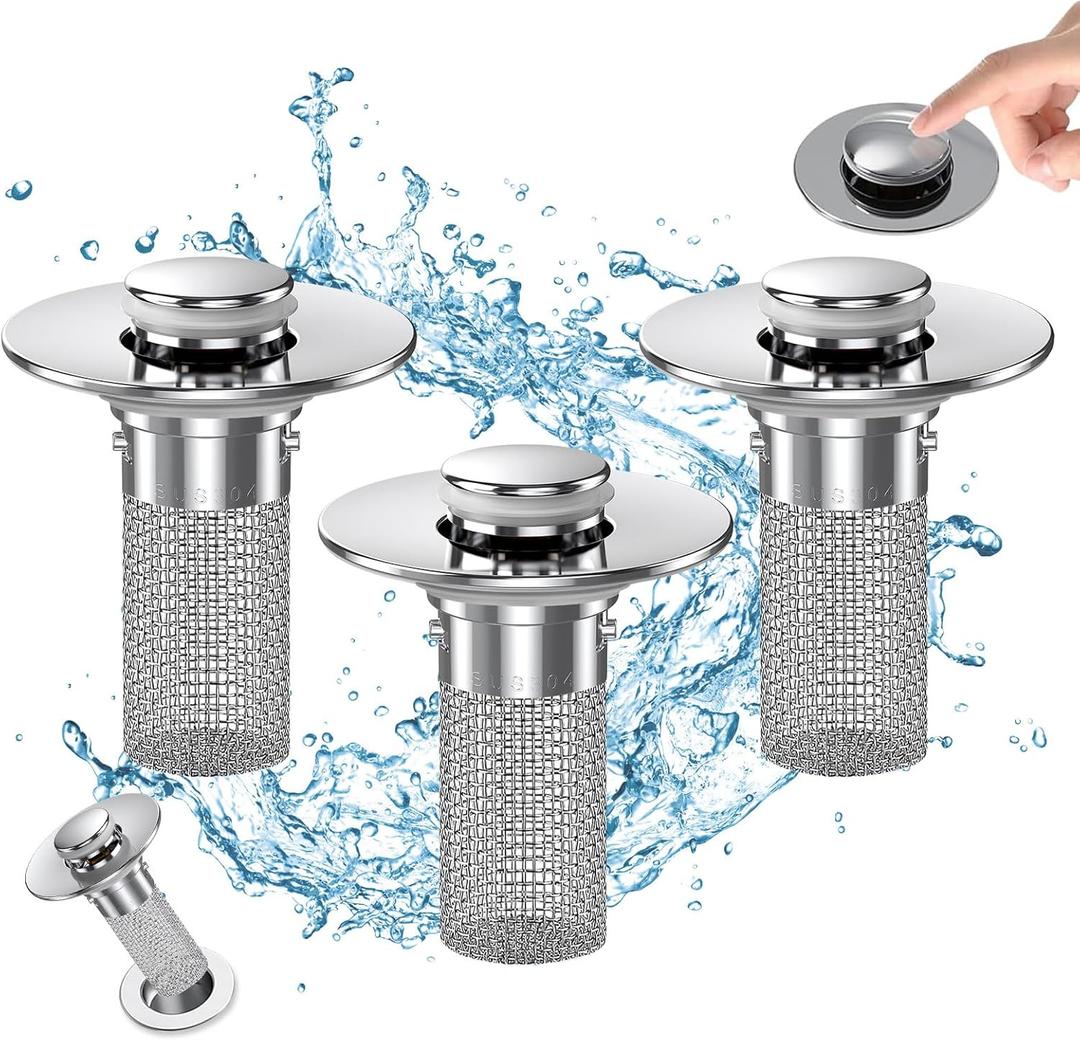 Bathroom Sink Drain Strainer, Pop Up Sink Drain Filter with Removable Stainless Steel Filter Basket Hair Catcher, Bathroom Sink Drain Stopper, for Us Bathroom Sink Stopper Replacement (3pcs) (3pcs)