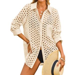 Fisoew Womens Hollow Out Swimsuit Coverup Shirt Button Down Bathing Suit Cover Ups Beachwear