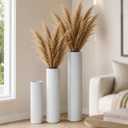 White Tall Ribbed Floor Vase - Set of 3 Metal Large Decorative Vases