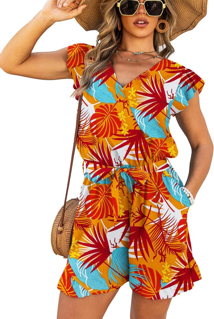 VERABENDI Women’s Tropical Romper Vacation Outfit – V Neck Flutter Sleeve Tie Waist Beach Romper for Cruise, Resort & Island (Orange, M)