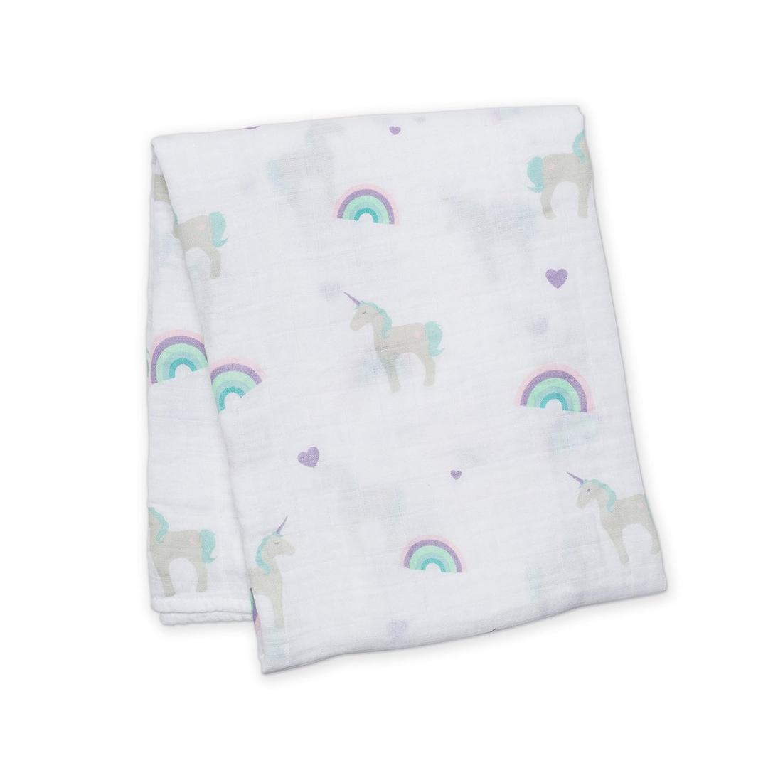 Lulujo Baby 100% Cotton Muslin Swaddle Blanket, 47 x 47-Inches, Rainbows and Unicorns (Crib)