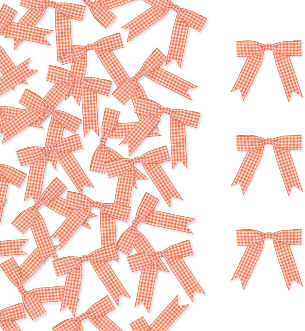 50 Pcs Gingham Ribbon Bows 2.5 Inch Buffalo Plaid Premade Twist Tie Bows for Gift Wrapping, Wedding, Baby Shower, Birthday Party, Party Decorations, DIY Craft (Orange White)