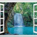 FLFK Fake Window Wall Mural - Waterfall and Lake in The Jungle Faux Window Wall Sticker for Wall Decor, Peel and Stick Wall Decals,48"x32",Set of 2 Sheets (Qt5559)