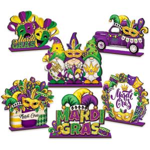 Mardi Gras Table Decorations  6Pcs Wooden Carnival Table Centerpieces, Rustic Masquerade Wood Tabletop Signs, Colourful Mardi Gras Decor for Home, Kitchen, Office Desk, Farmhouse Tiered Tray