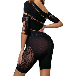 Womens Lingerie Fishnet Dress, Women's Sheer Mesh Long Sleeve Bodycon Dress - Rhinestone Embellished (Black)