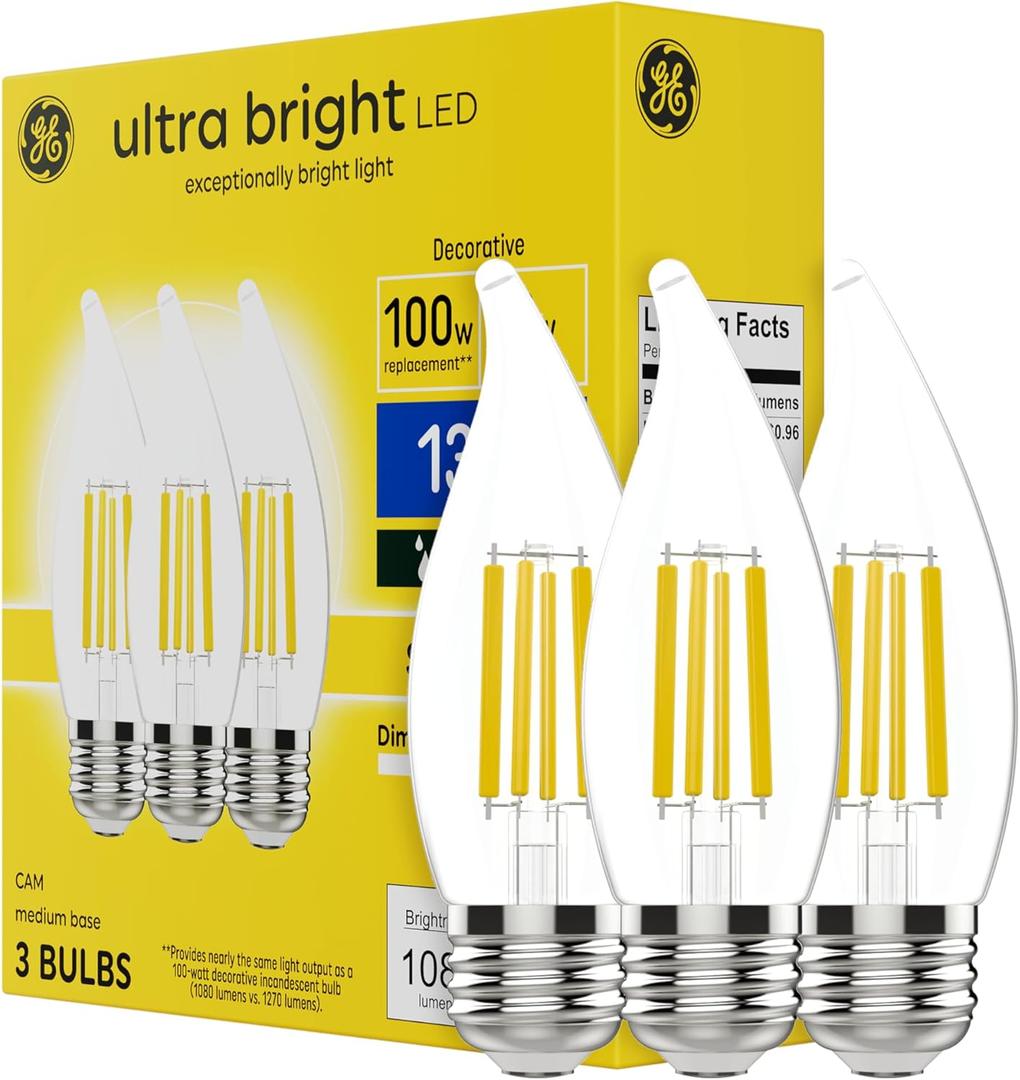 GE Ultra Bright LED Light Bulbs, 8W (1080 lumens), Soft White Candle Lights, Clear Decorative CA12 Light Bulbs, Medium Base (3 Pack)