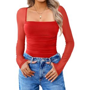 Avidlove Women's Square Neck Mesh Long Sleeve Bodysuit Shirts Ruched Body Suit Sexy Sheer Tops Date Night Outfit (Red, S)
