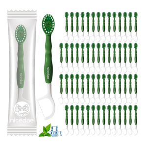 nicedae Disposable Mini Travel Toothbrush Bulk with Toothpaste 5in1 60Ct Portable Toothbrushes Set Floss Pick Tongue Scraper Cruise and Travel Essentials (Green)