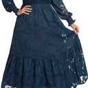 Women's Plus Size Fall Dress - Wedding Guest Long Sleeve Floral Lace Aline Flowy Midi Dress (Navy Blue) 16 Plu