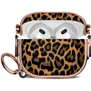 Maxjoy for Cute AirPods 3 Case (2021) with Safety Lock,Compatible Leopard Print AirPod 3rd Generation Case for Women Girly with Keychain-Gold