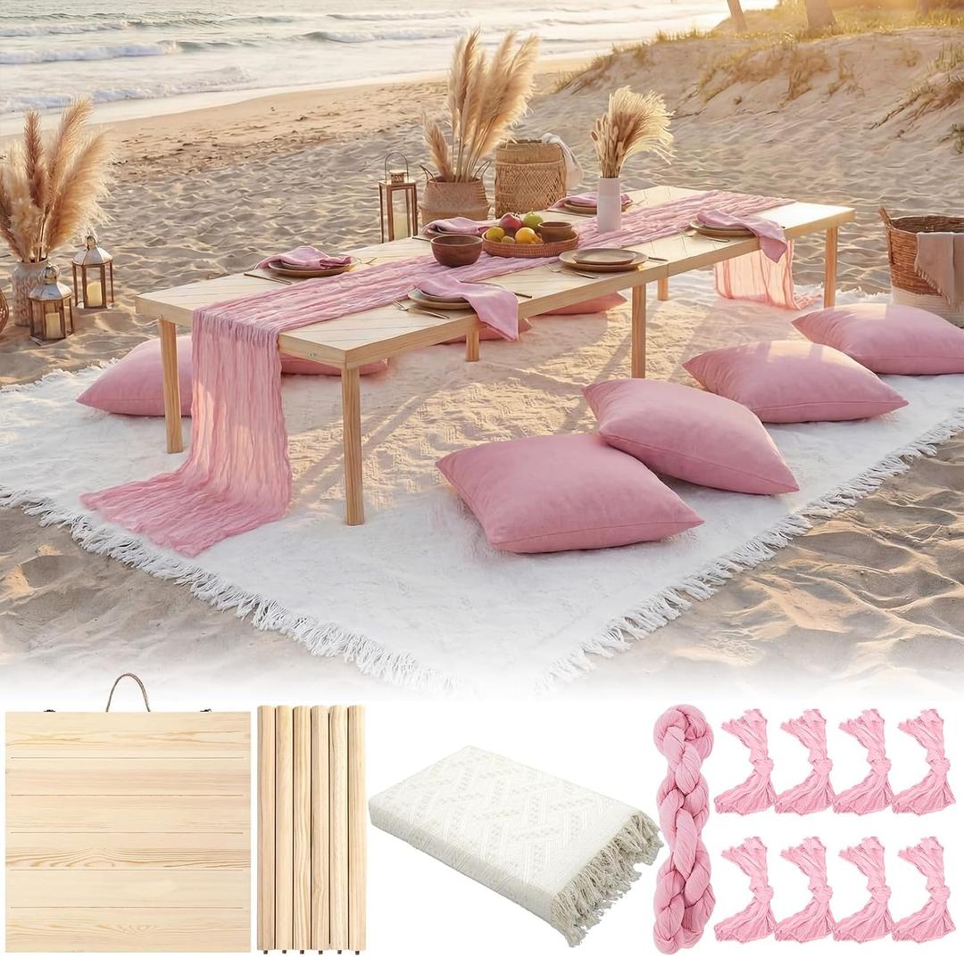 Novabright Boho Picnic Kit 30'' x 60'' Folding Picnic Table 118" x 71" Extra Large Outdoor Boho Blanket with Pink Table Runner and 8 Napkins for Camping Wedding Birthday Baby Shower Party Decor, 60 x 30 x 13 inches
