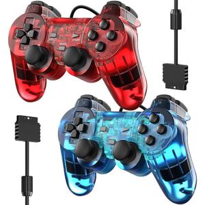 Degulan Wired Controller for PS2 High Performance Double Shock Gamepad Joystick Remote Compatible with Play 2 (Clear Red and Clear Blue)