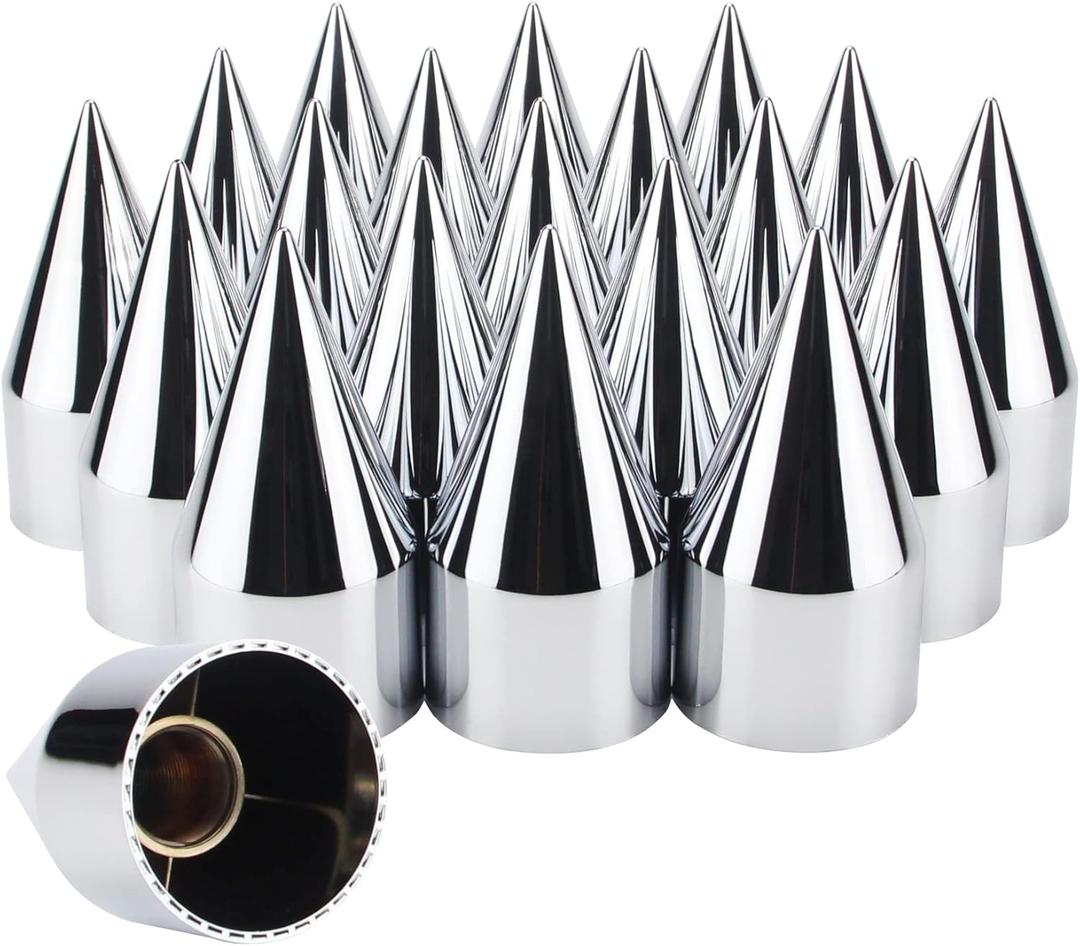 33mm x 4 1/4" Chromed Spike Lug Nuts Covers Screw On, ABS Chrome Plastic Caps Pointed Screw-on Lug Nut Cover for Semi Trucks, Pack of 20