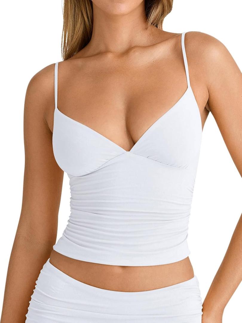 PINKMSTYLE Women's Sexy V Neck Ruched Cami Top Sleeveless Spaghetti Double Layer Fitted Crop Tank Tops (Large, White)