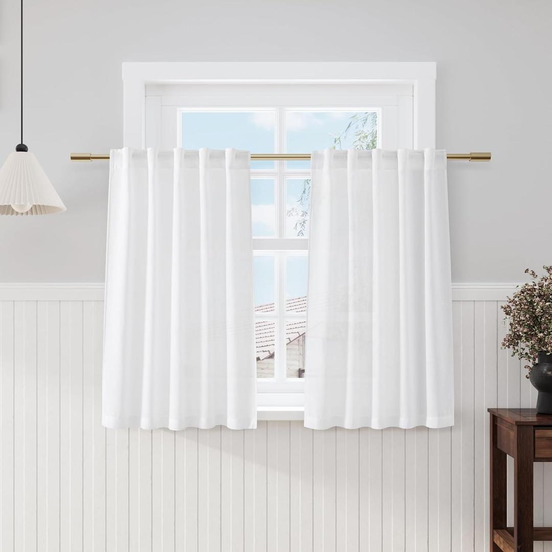 Nanspring Linen White Curtains 45 Inch Length 2 Panels for Kitchen Short Window, Semi Sheer Linen Drapes Modern Light Filtering Back Tab Rod Pocket for Cafe Bathroom 29 X 45