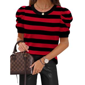 Sampeel Womens Tops Short Sleeve T Shirts Spring Summer Women's Clothing Cruise 2026 Ladies Tops and Blouses Business Casual Outfits Loose Fit Plus Size Sweater Black Striped 2XL