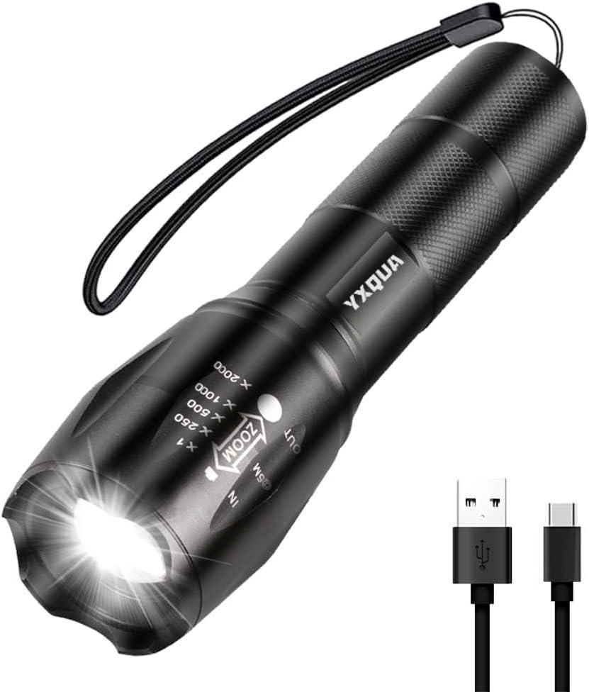 2 x YXQUA USB-C Rechargeable Flashlights for Power Outage, 1000 Lumen Super Bright LED Emergency Flashlight for Home, Zoomable Tactical Flash Light with 3 Modes for Hurricane Camping Car