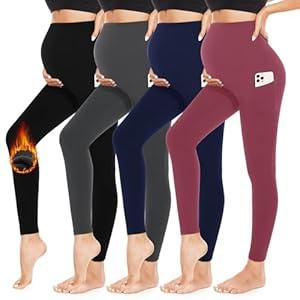 4 Pack Women’s Fleece Lined Maternity Leggings with Pockets Over The Belly Butt Lift - Soft Workout Pregnancy Yoga Pants
 (Large)