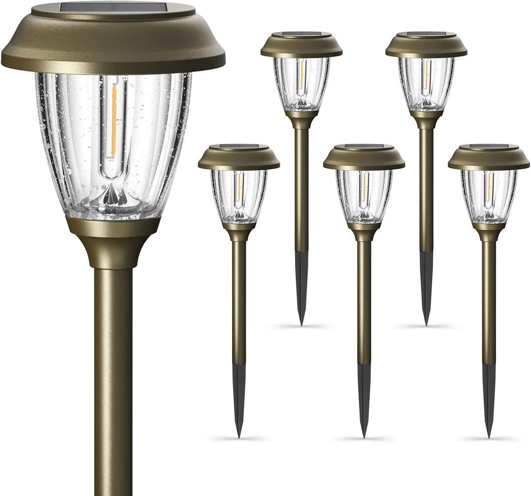 XMCOSY+ Solar Lights Outdoor 10/25 LM LED with 2 Lighting Modes, Solar Garden Lights Glass and Metal, IP65 Waterproof Solar Powered for Yard Pathway Walkway Driveway Patio (6 Pack, Warm White) (Bronze)